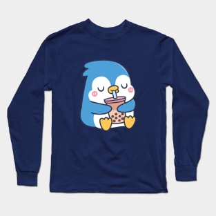 Cute Blue Penguin Drinks Boba Tea Long Sleeve T-Shirt